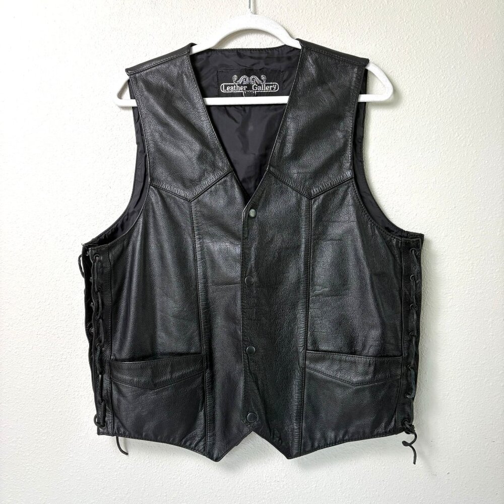 Leather Gallery Snap Front Vest Mens 42 Black Pockets Biker Motorcycle Lace Up